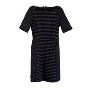 Banana Republic Womens Dress Sz 0 Navy Blue White Stripe Fit & Flare High Neck